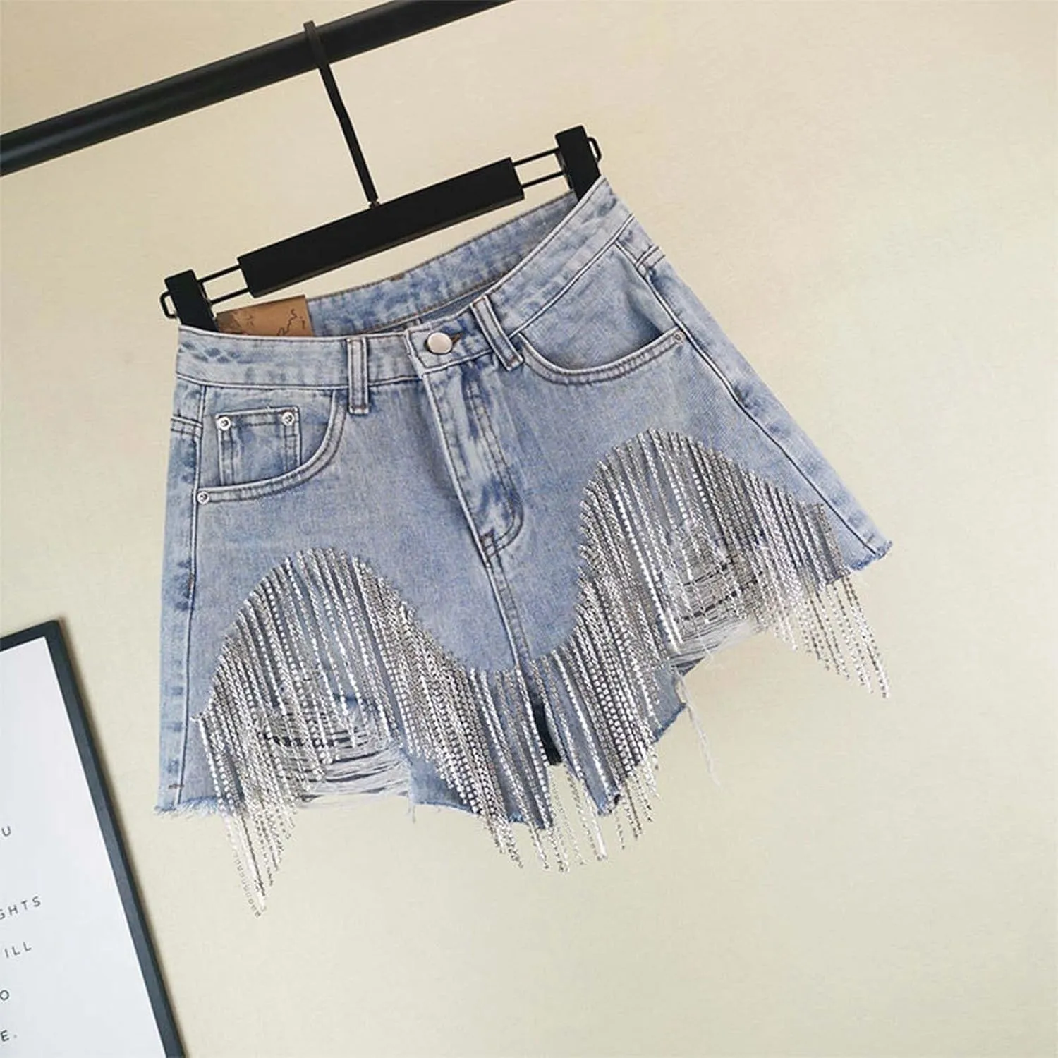 AMDBEL Jean Shorts Womens High Waisted Rhinestone Denim Shorts Diamond Fringe Tassel Jean Shorts Wide Leg Frayed Hem Shorts