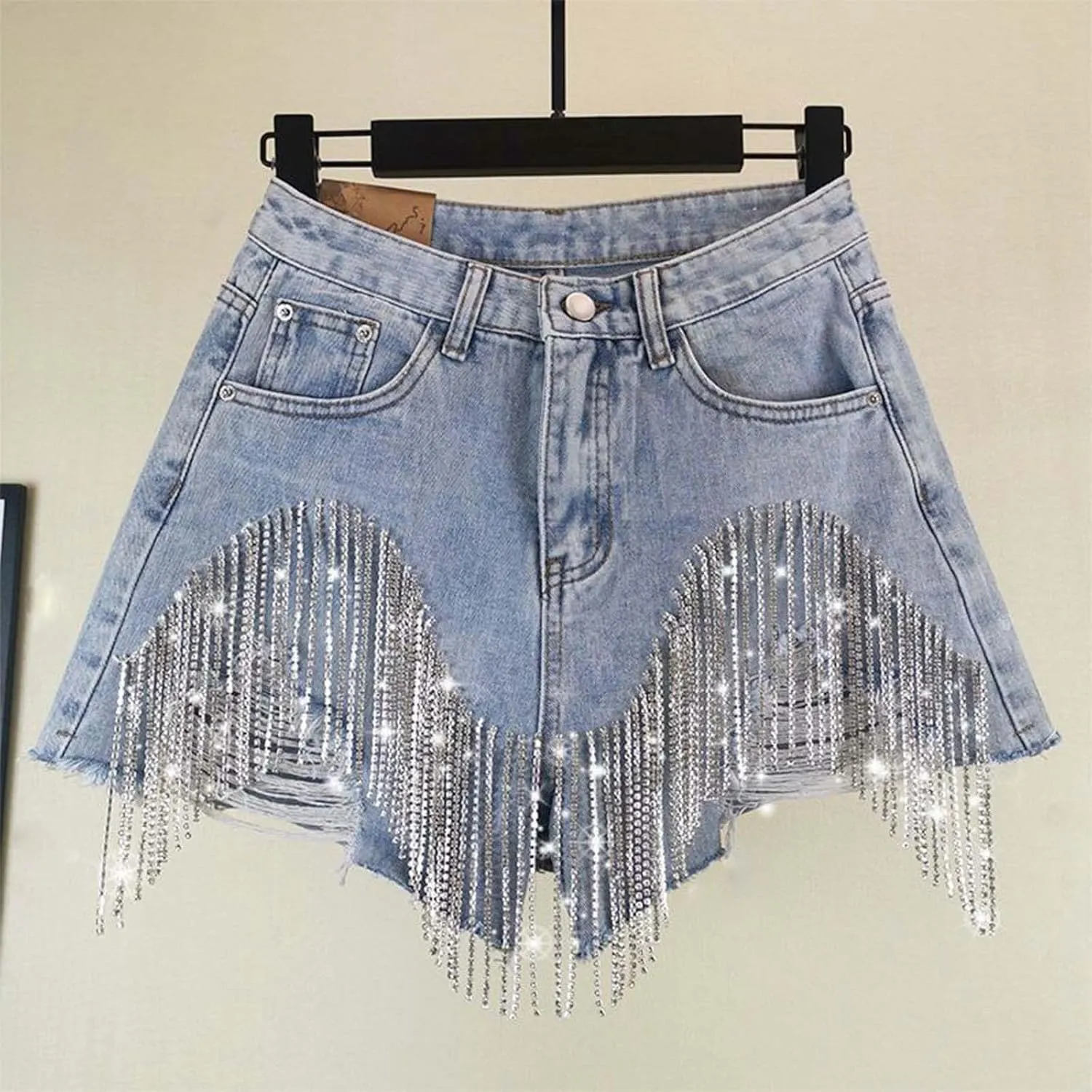 AMDBEL Jean Shorts Womens High Waisted Rhinestone Denim Shorts Diamond Fringe Tassel Jean Shorts Wide Leg Frayed Hem Shorts