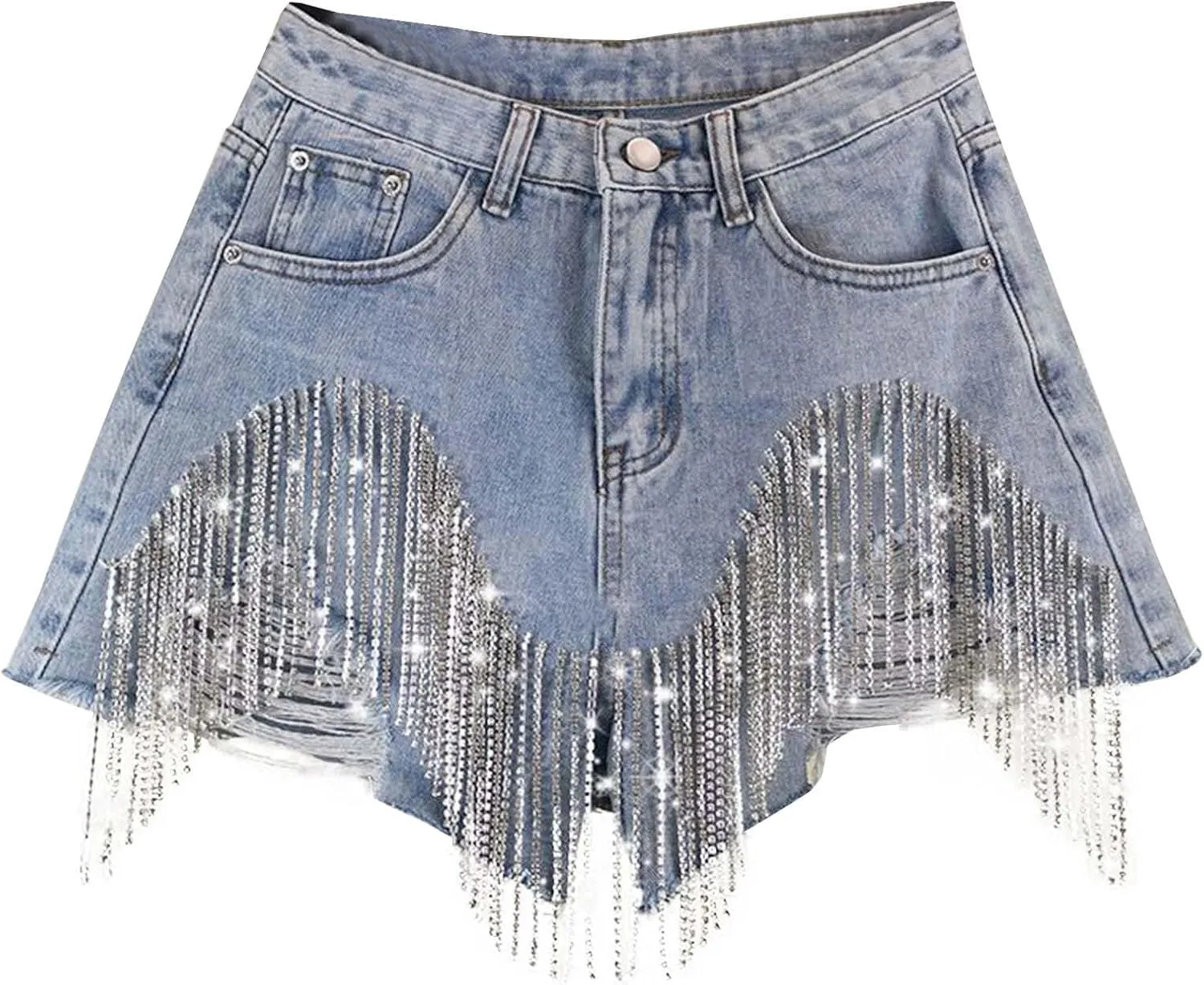 AMDBEL Jean Shorts Womens High Waisted Rhinestone Denim Shorts Diamond Fringe Tassel Jean Shorts Wide Leg Frayed Hem Shorts