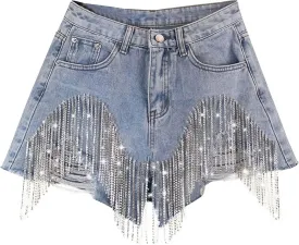 AMDBEL Jean Shorts Womens High Waisted Rhinestone Denim Shorts Diamond Fringe Tassel Jean Shorts Wide Leg Frayed Hem Shorts