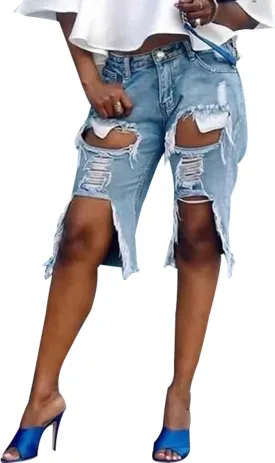 BestGirl Women's Ripped-Denim Hole Washed Distressed Mid Rise Stretchy Short Jeans