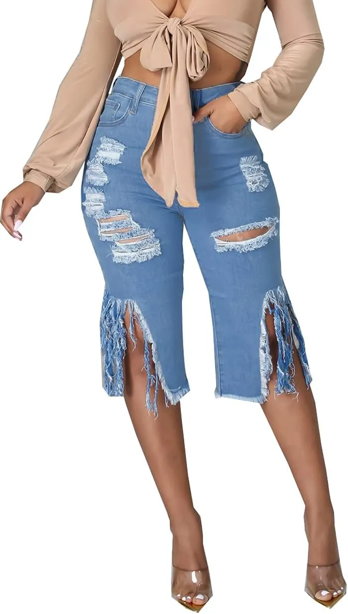 BestGirl Women's Ripped-Denim Hole Washed Distressed Mid Rise Stretchy Short Jeans