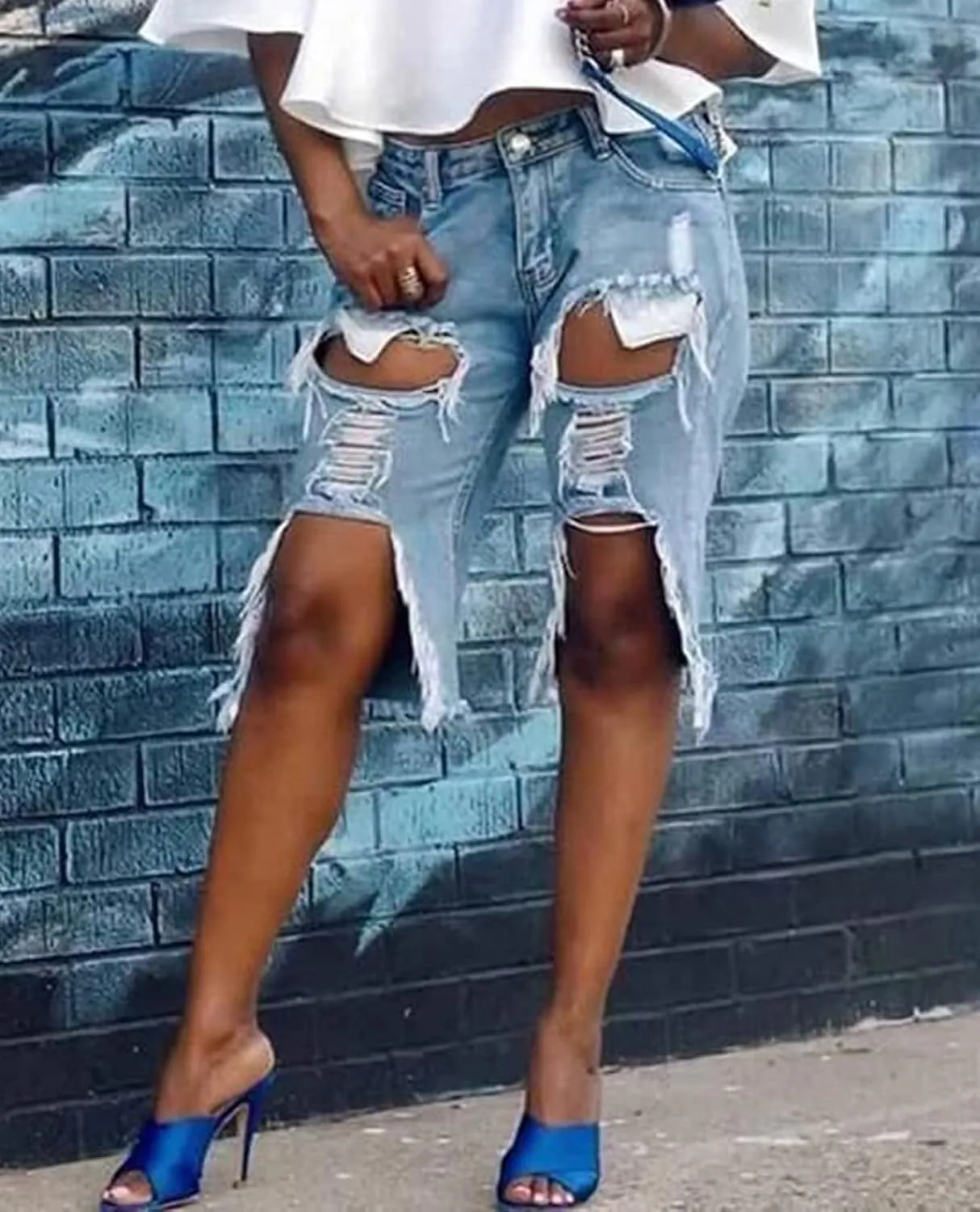 BestGirl Women's Ripped-Denim Hole Washed Distressed Mid Rise Stretchy Short Jeans
