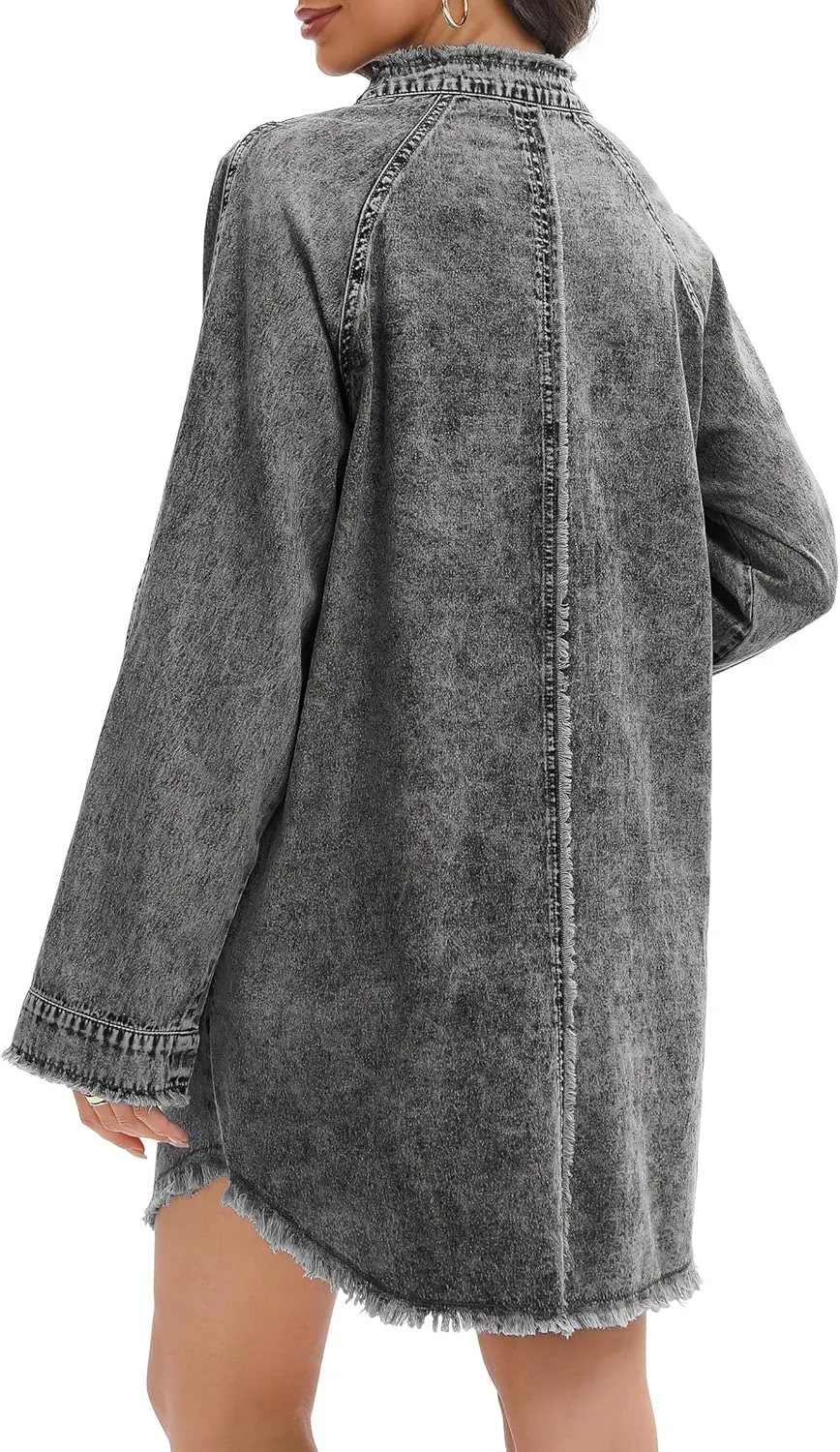 Denim Shirt Dress for Women Long Sleeve Button Down Shirts V Neck Mini Casual Jean Dresses 2025 Trendy Outfits