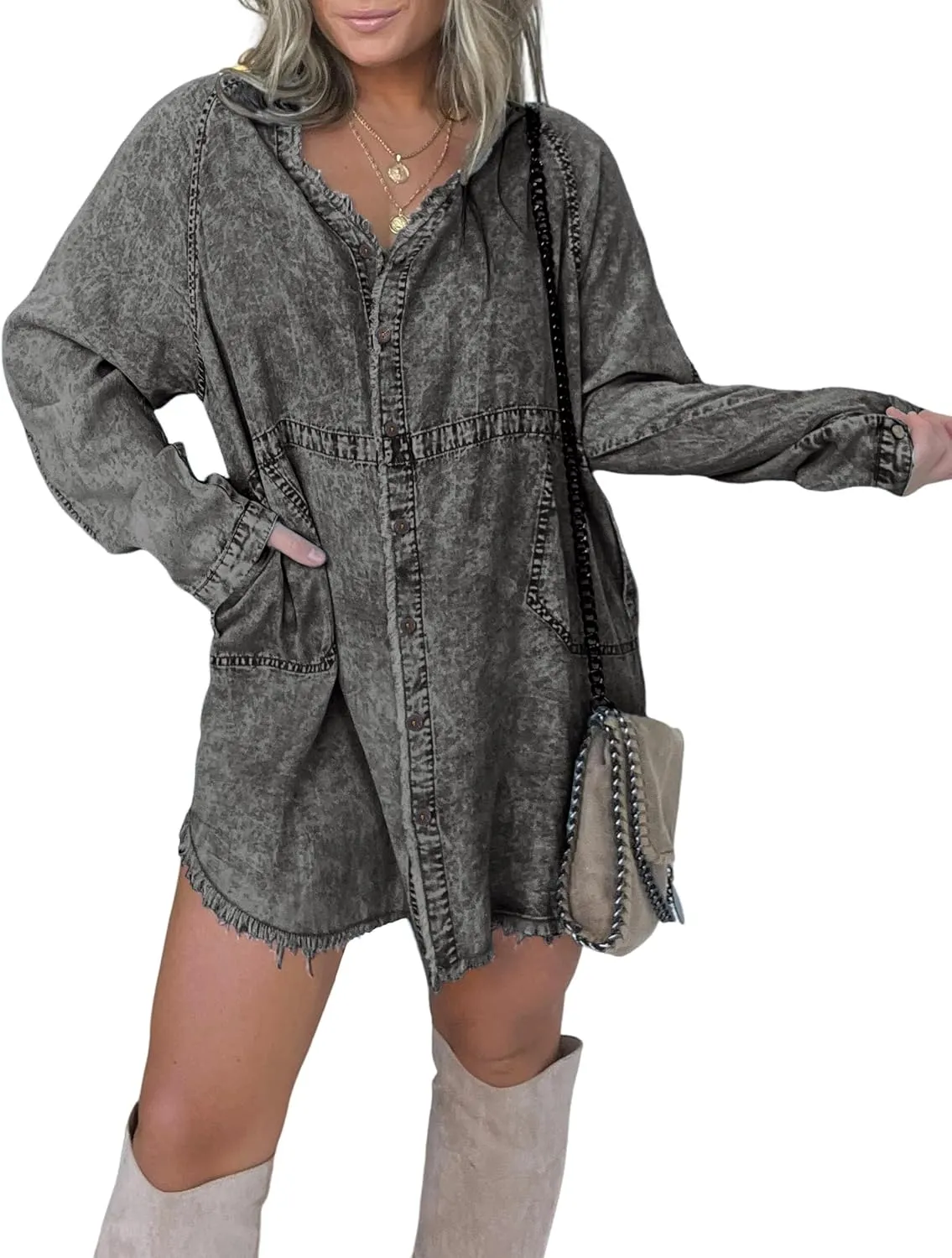 Denim Shirt Dress for Women Long Sleeve Button Down Shirts V Neck Mini Casual Jean Dresses 2025 Trendy Outfits