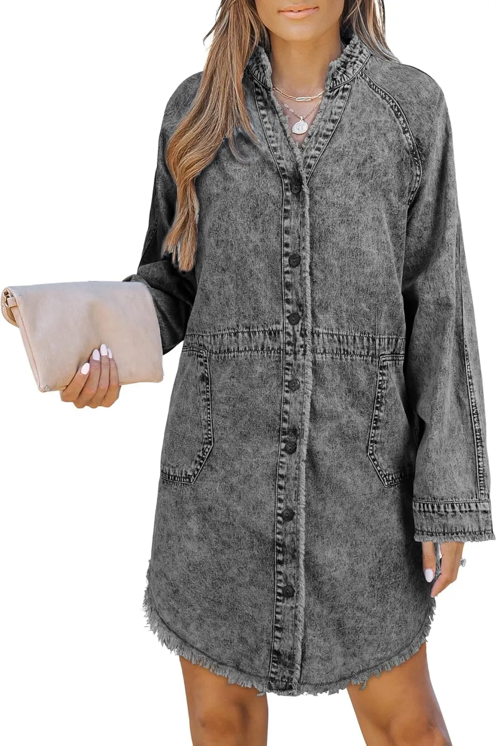 Denim Shirt Dress for Women Long Sleeve Button Down Shirts V Neck Mini Casual Jean Dresses 2025 Trendy Outfits