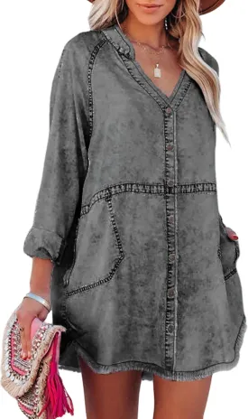 Denim Shirt Dress for Women Long Sleeve Button Down Shirts V Neck Mini Casual Jean Dresses 2025 Trendy Outfits