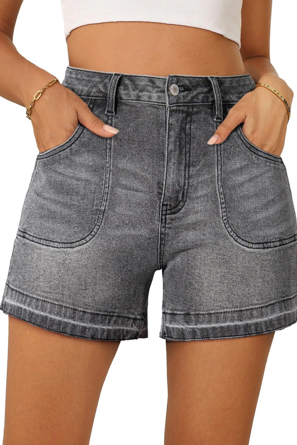 Dokotoo Womens Jean Shorts Stretchy High Waisted 2025 Straight Leg Frayed Raw Hem Casual Denim Shorts with Pockets