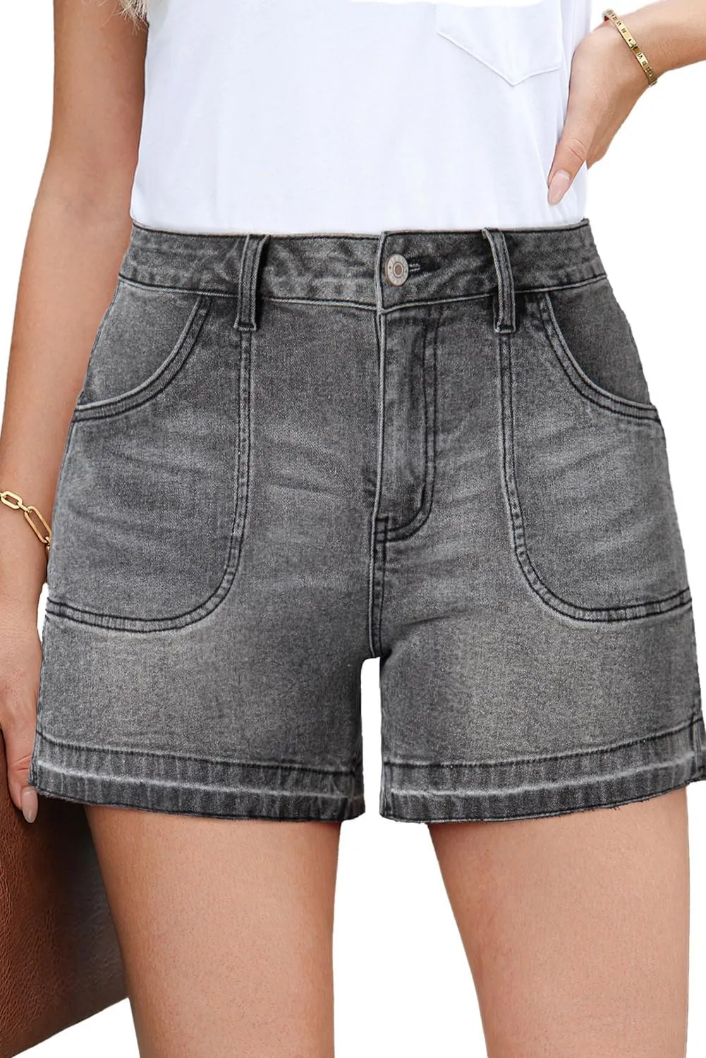 Dokotoo Womens Jean Shorts Stretchy High Waisted 2025 Straight Leg Frayed Raw Hem Casual Denim Shorts with Pockets