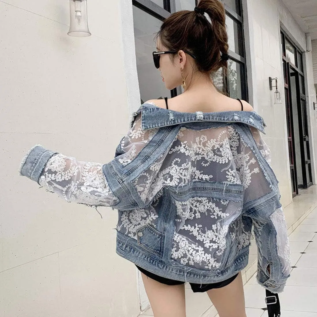 ebossy Women's See Through Floral Embroidery Lace Crop Denim Jacket Ripped Distressed Jean Jacket