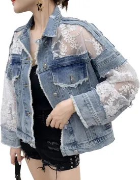 ebossy Women's See Through Floral Embroidery Lace Crop Denim Jacket Ripped Distressed Jean Jacket
