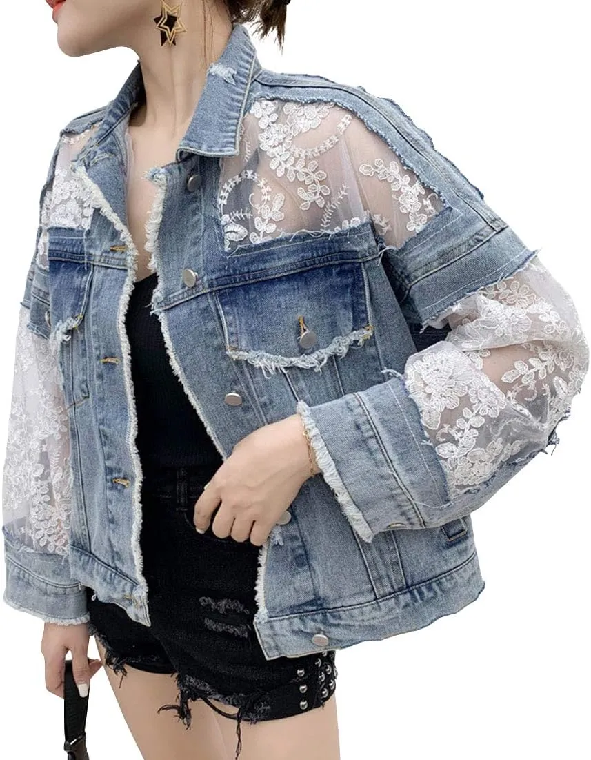 ebossy Women's See Through Floral Embroidery Lace Crop Denim Jacket Ripped Distressed Jean Jacket