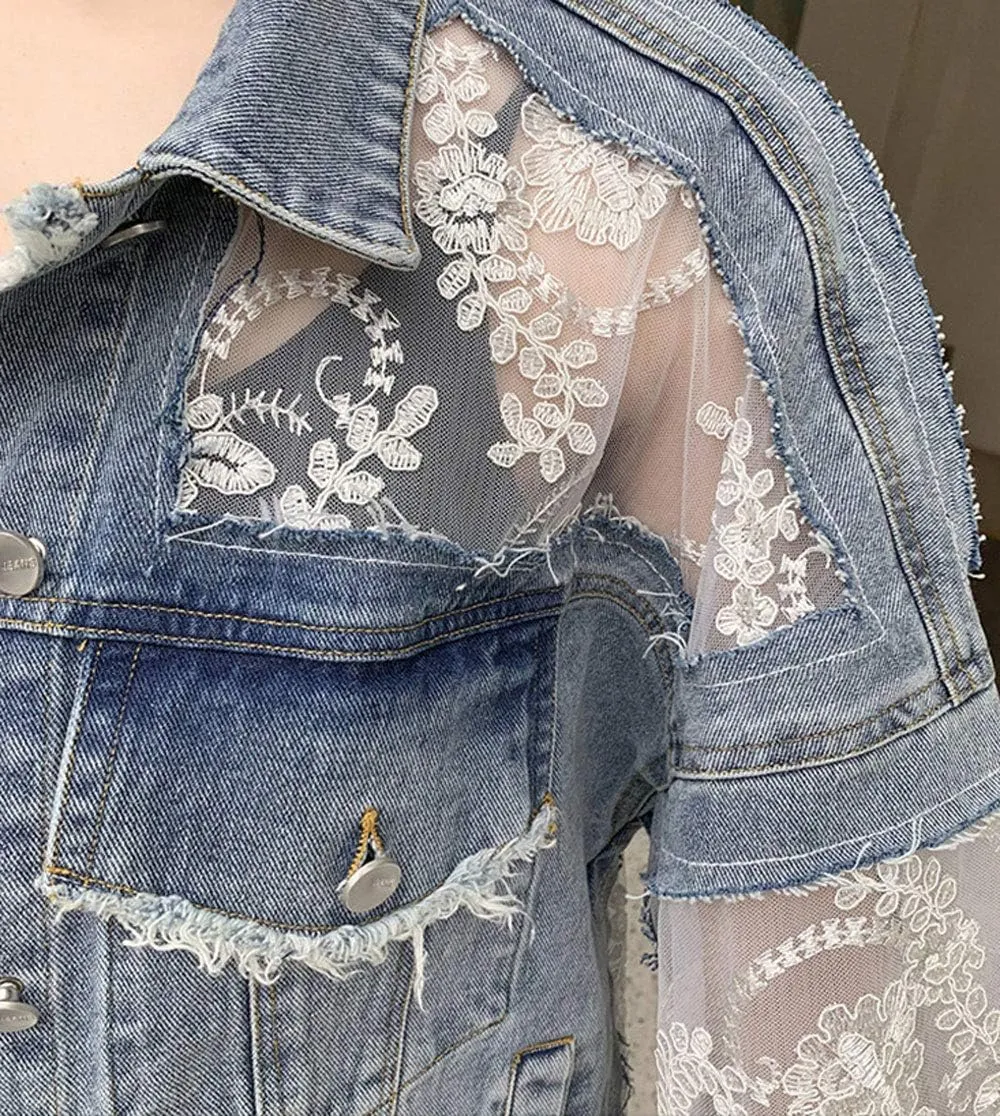 ebossy Women's See Through Floral Embroidery Lace Crop Denim Jacket Ripped Distressed Jean Jacket