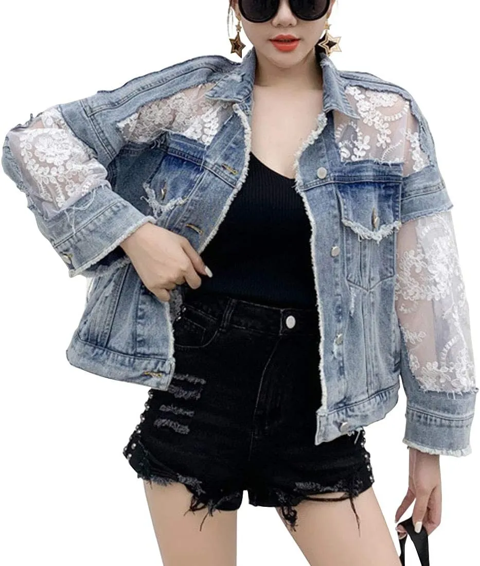 ebossy Women's See Through Floral Embroidery Lace Crop Denim Jacket Ripped Distressed Jean Jacket
