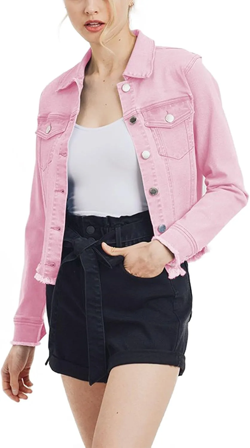 FashionMille Women's Frayed Hem Long Sleeve Button Up Color Jean Denim Jacket
