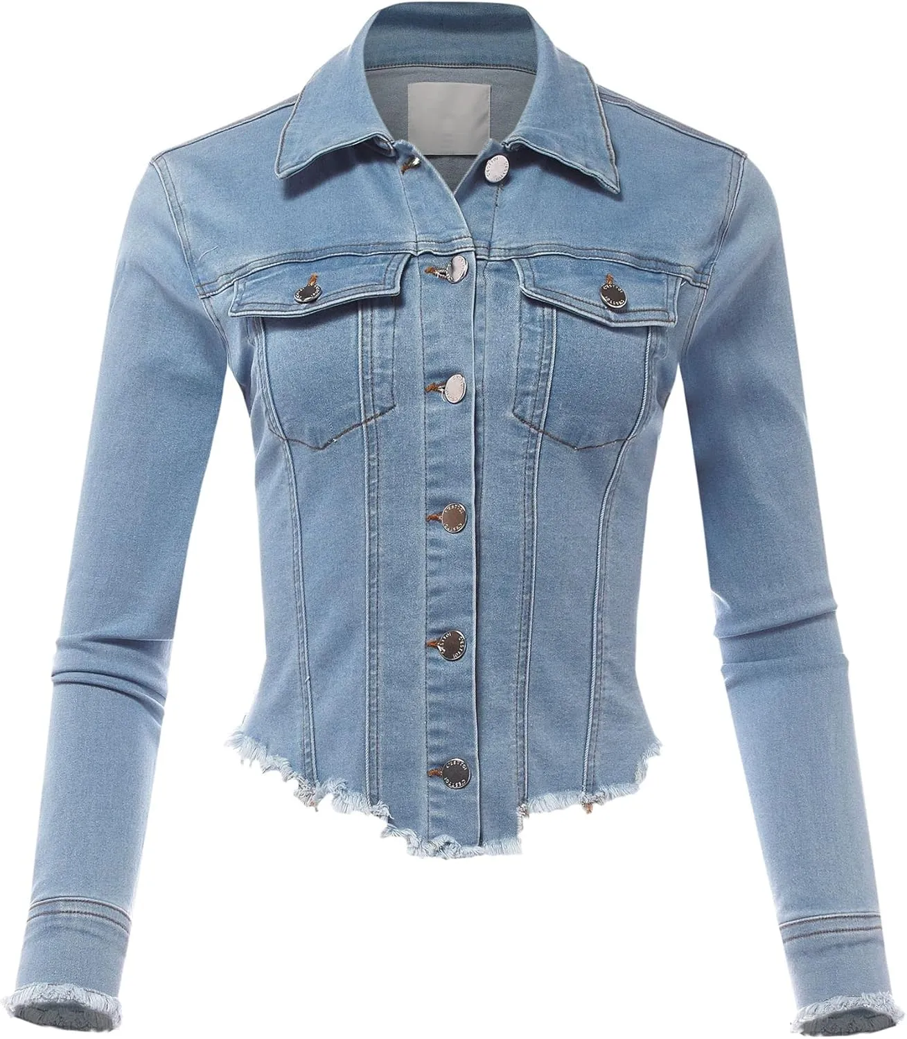 FashionMille Women's Frayed Hem Long Sleeve Button Up Color Jean Denim Jacket