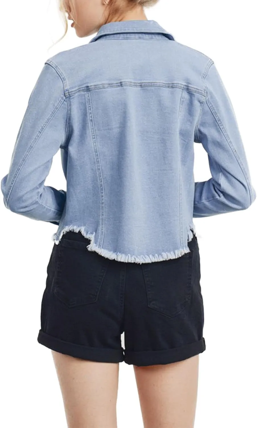 FashionMille Women's Frayed Hem Long Sleeve Button Up Color Jean Denim Jacket