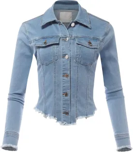 FashionMille Women's Frayed Hem Long Sleeve Button Up Color Jean Denim Jacket