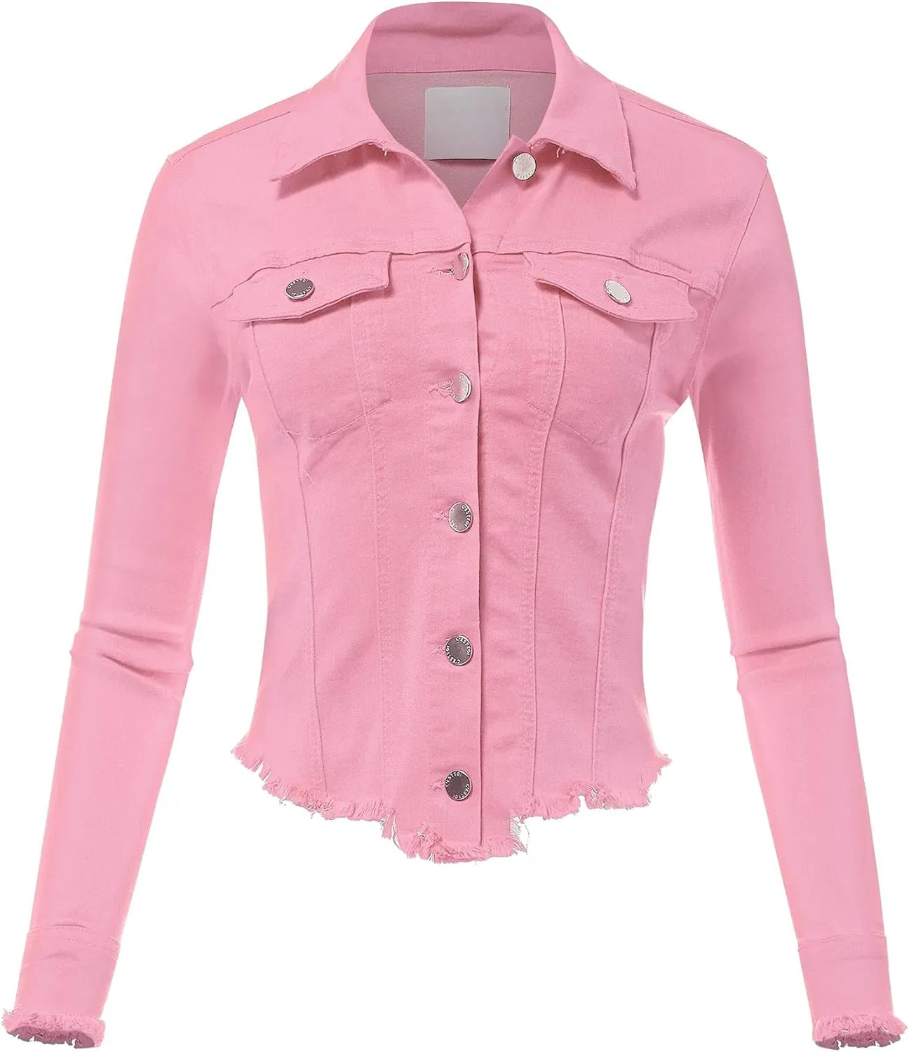 FashionMille Women's Frayed Hem Long Sleeve Button Up Color Jean Denim Jacket
