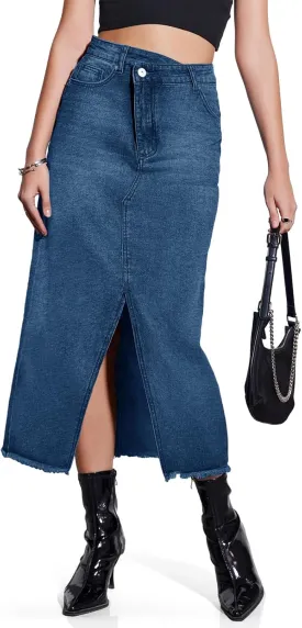 Fisoew Women's High Waisted Denim Maxi Skirts Frayed Hem Split Front Jean Skirts with Pockets