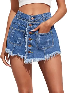 Floerns Women's Distressed Frayed High Waist Raw Hem Denim Skirt Shorts