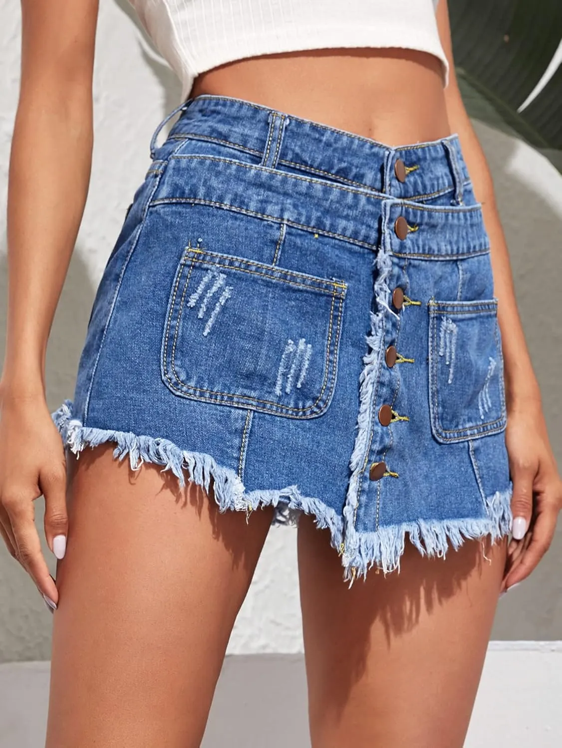 Floerns Women's Distressed Frayed High Waist Raw Hem Denim Skirt Shorts
