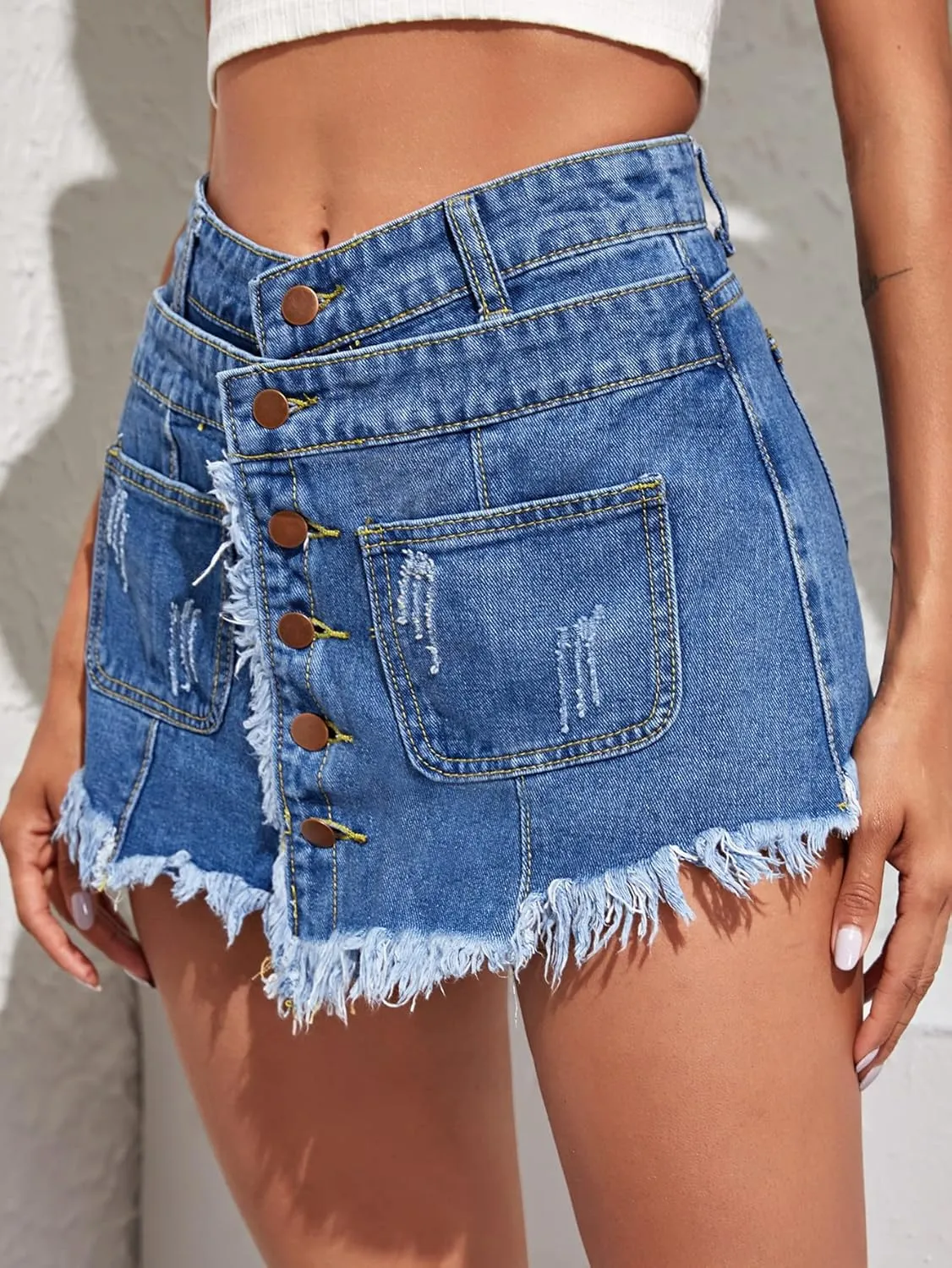 Floerns Women's Distressed Frayed High Waist Raw Hem Denim Skirt Shorts