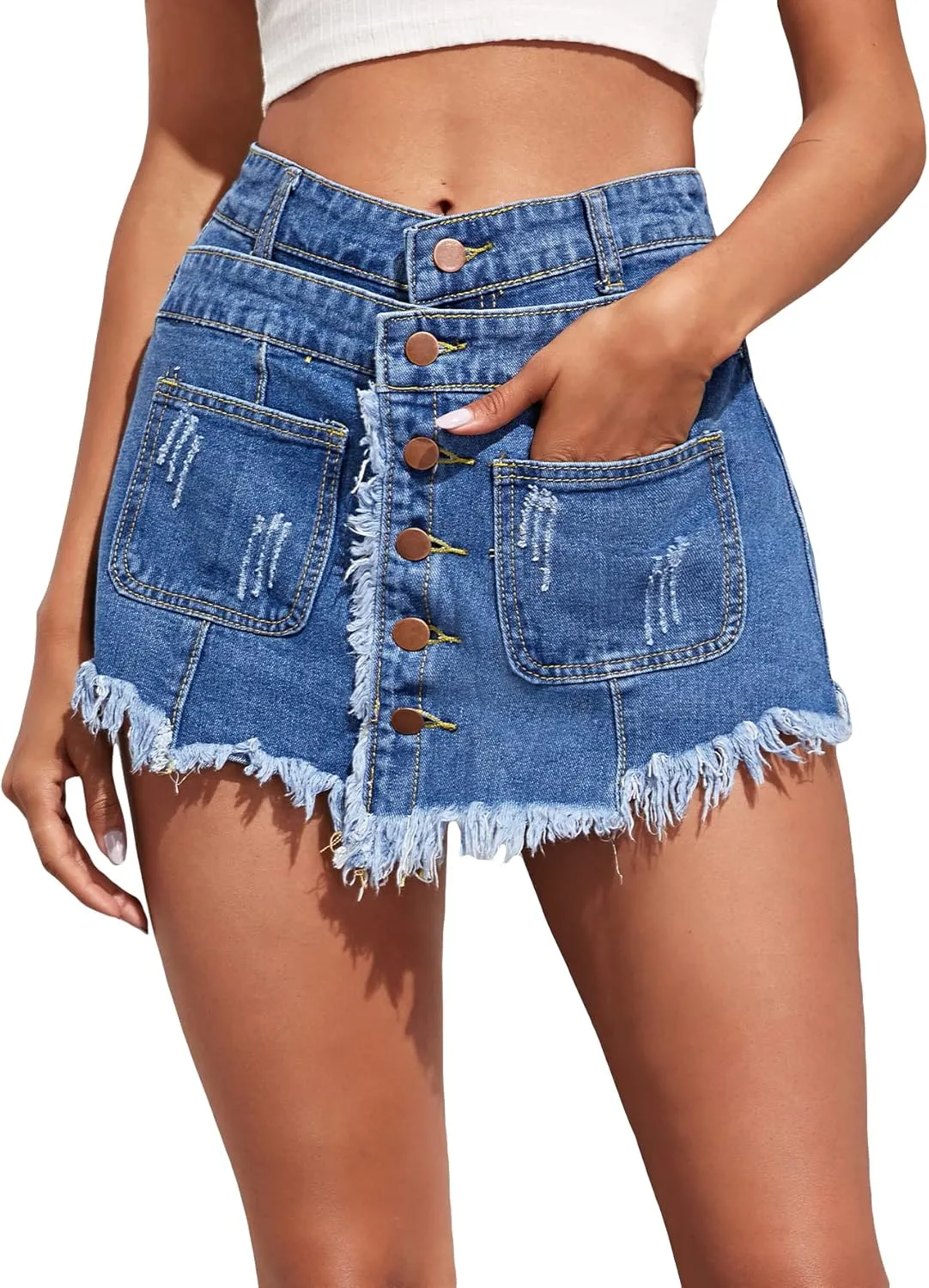 Floerns Women's Distressed Frayed High Waist Raw Hem Denim Skirt Shorts