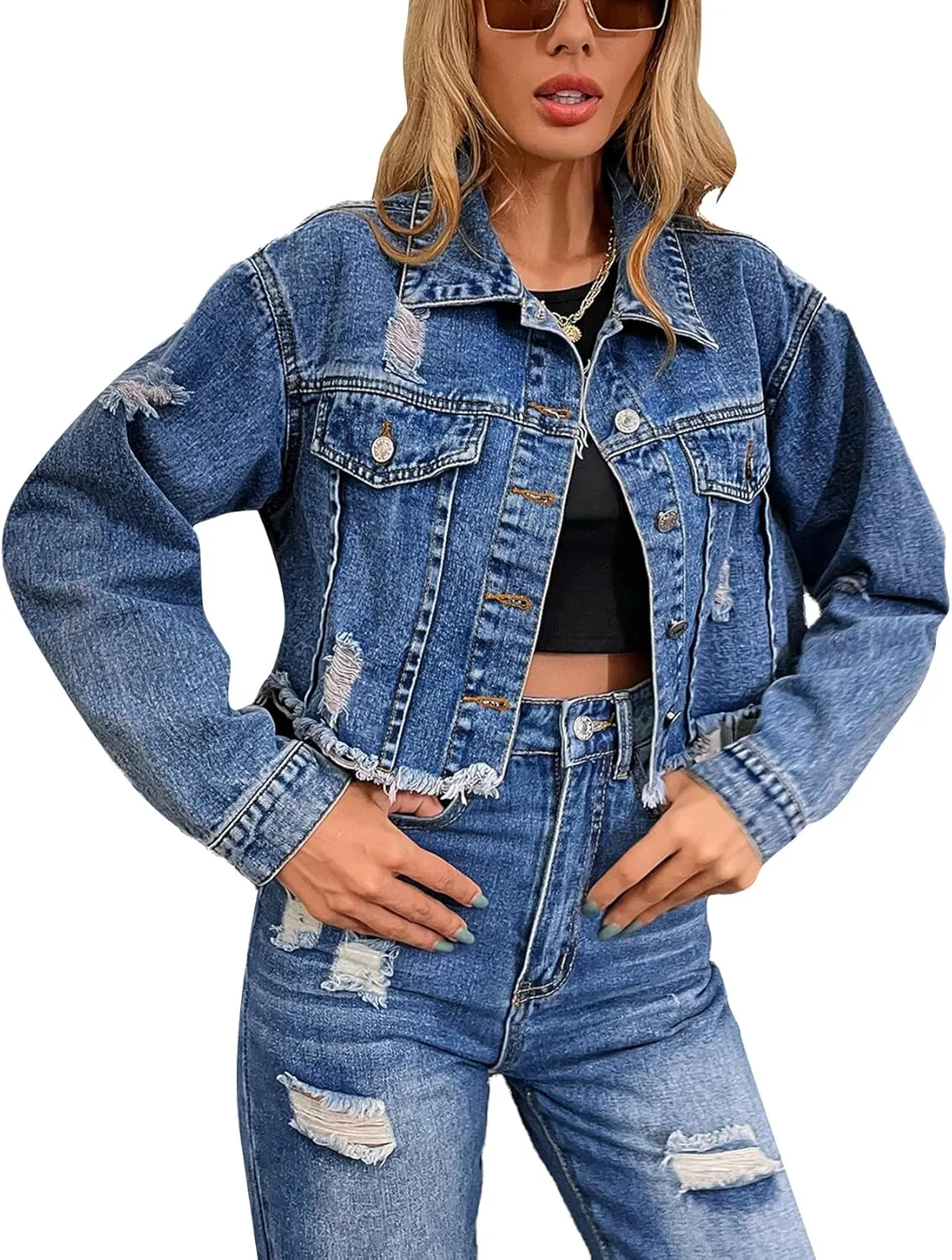 Flygo Women's Long Sleeve Frayed Raw Hem Button Up Ripped Cropped Jean Denim Jacket