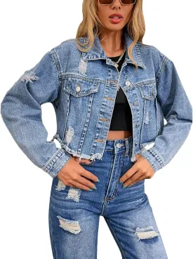 Flygo Women's Long Sleeve Frayed Raw Hem Button Up Ripped Cropped Jean Denim Jacket