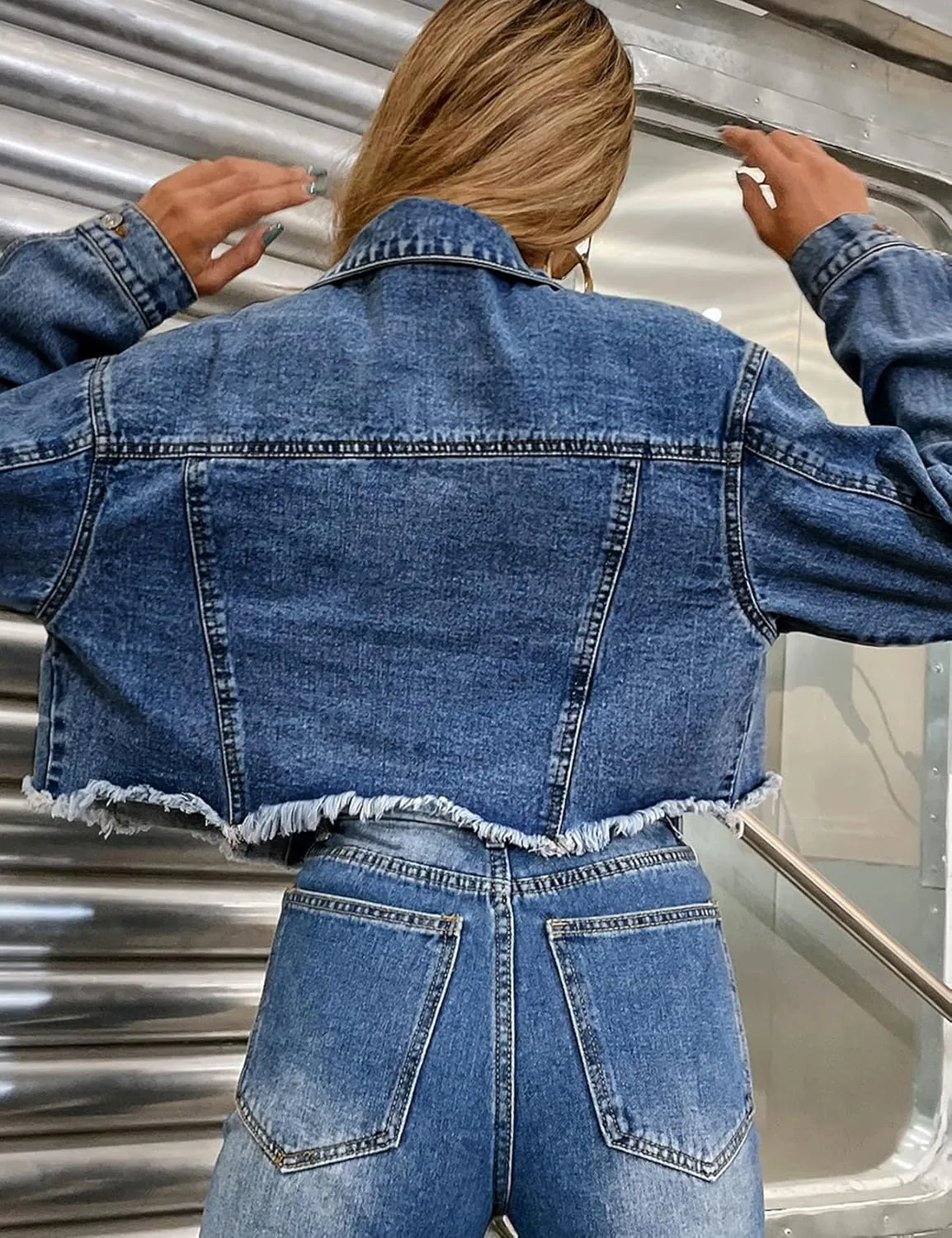 Flygo Women's Long Sleeve Frayed Raw Hem Button Up Ripped Cropped Jean Denim Jacket