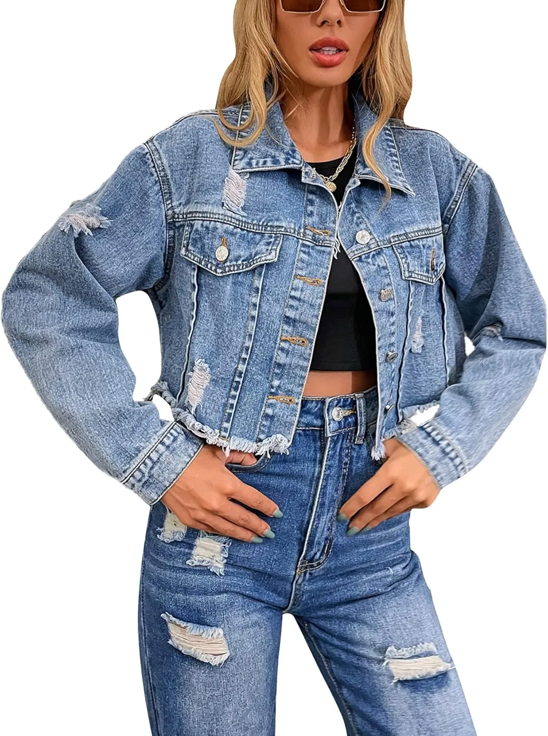 Flygo Women's Long Sleeve Frayed Raw Hem Button Up Ripped Cropped Jean Denim Jacket