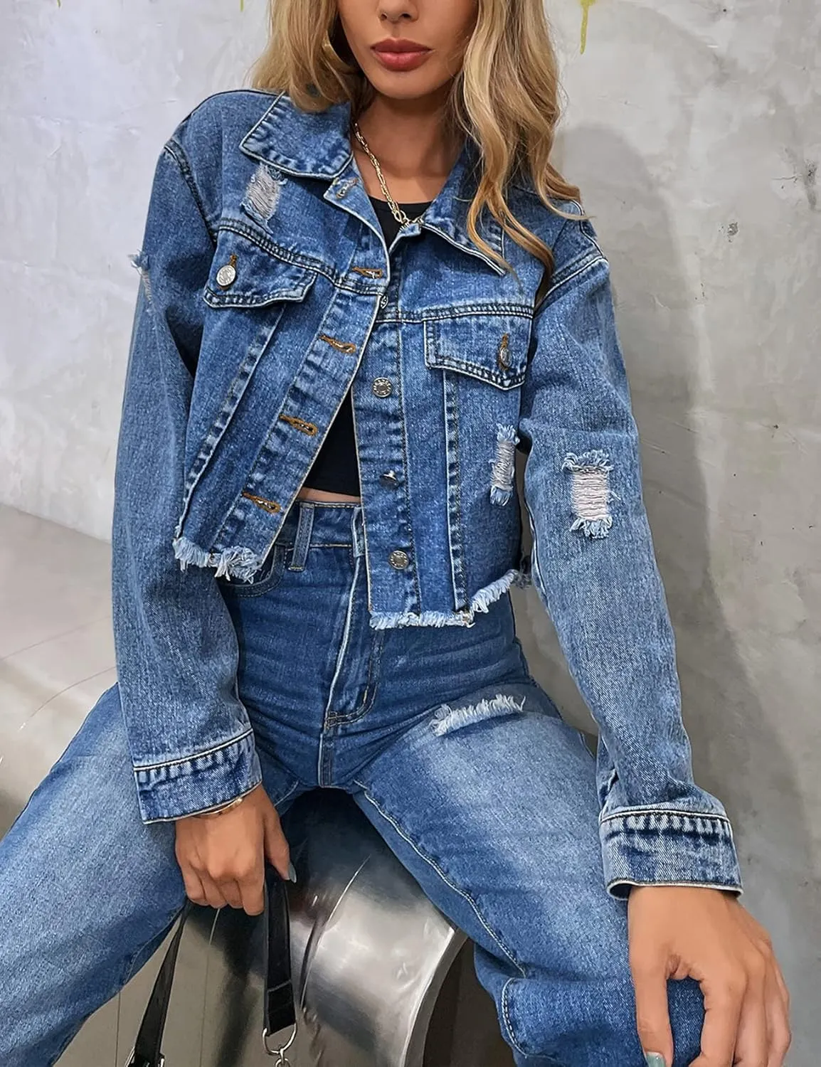 Flygo Women's Long Sleeve Frayed Raw Hem Button Up Ripped Cropped Jean Denim Jacket