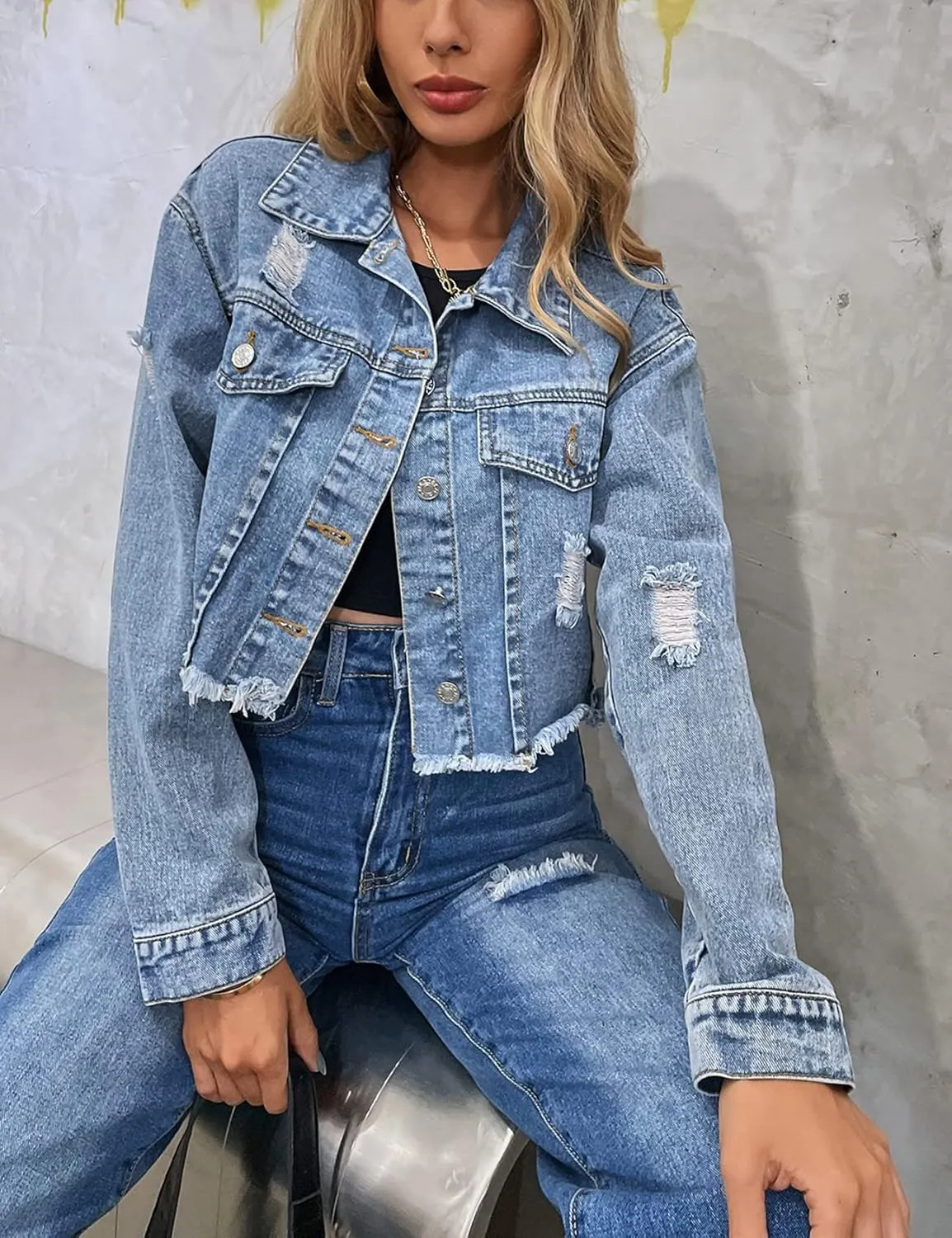Flygo Women's Long Sleeve Frayed Raw Hem Button Up Ripped Cropped Jean Denim Jacket