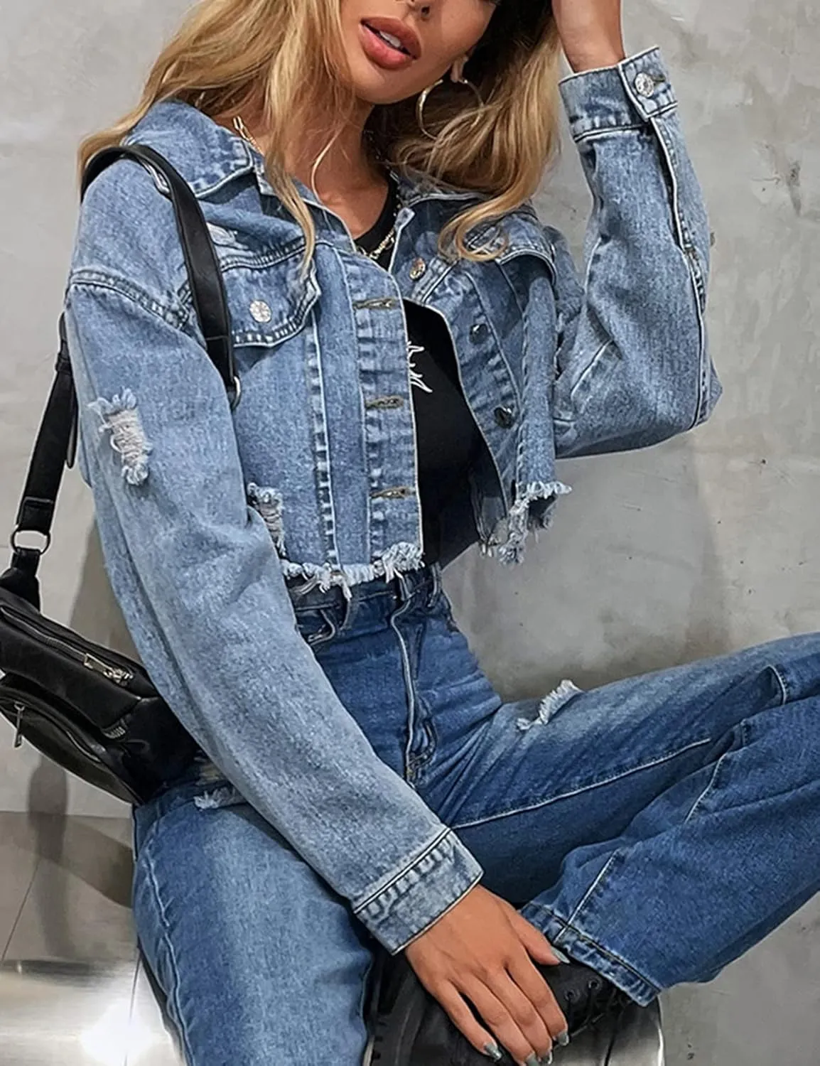 Flygo Women's Long Sleeve Frayed Raw Hem Button Up Ripped Cropped Jean Denim Jacket