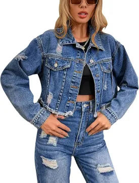 Flygo Women's Long Sleeve Frayed Raw Hem Button Up Ripped Cropped Jean Denim Jacket