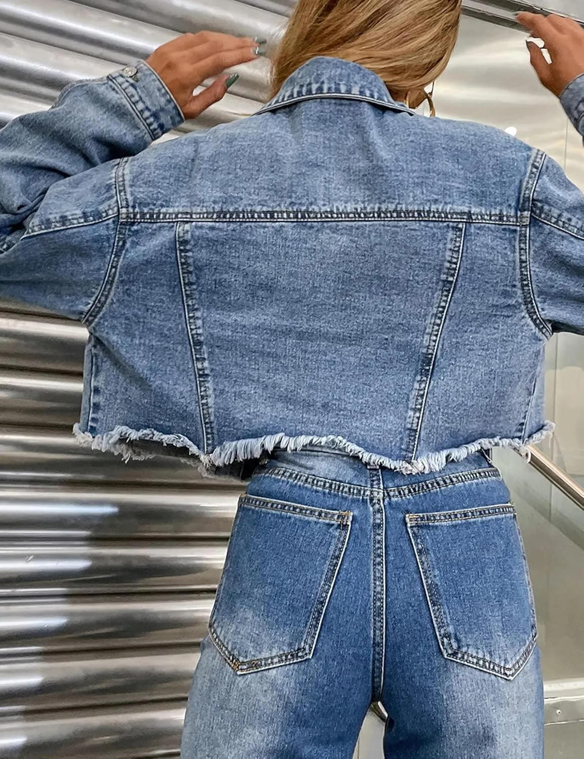 Flygo Women's Long Sleeve Frayed Raw Hem Button Up Ripped Cropped Jean Denim Jacket