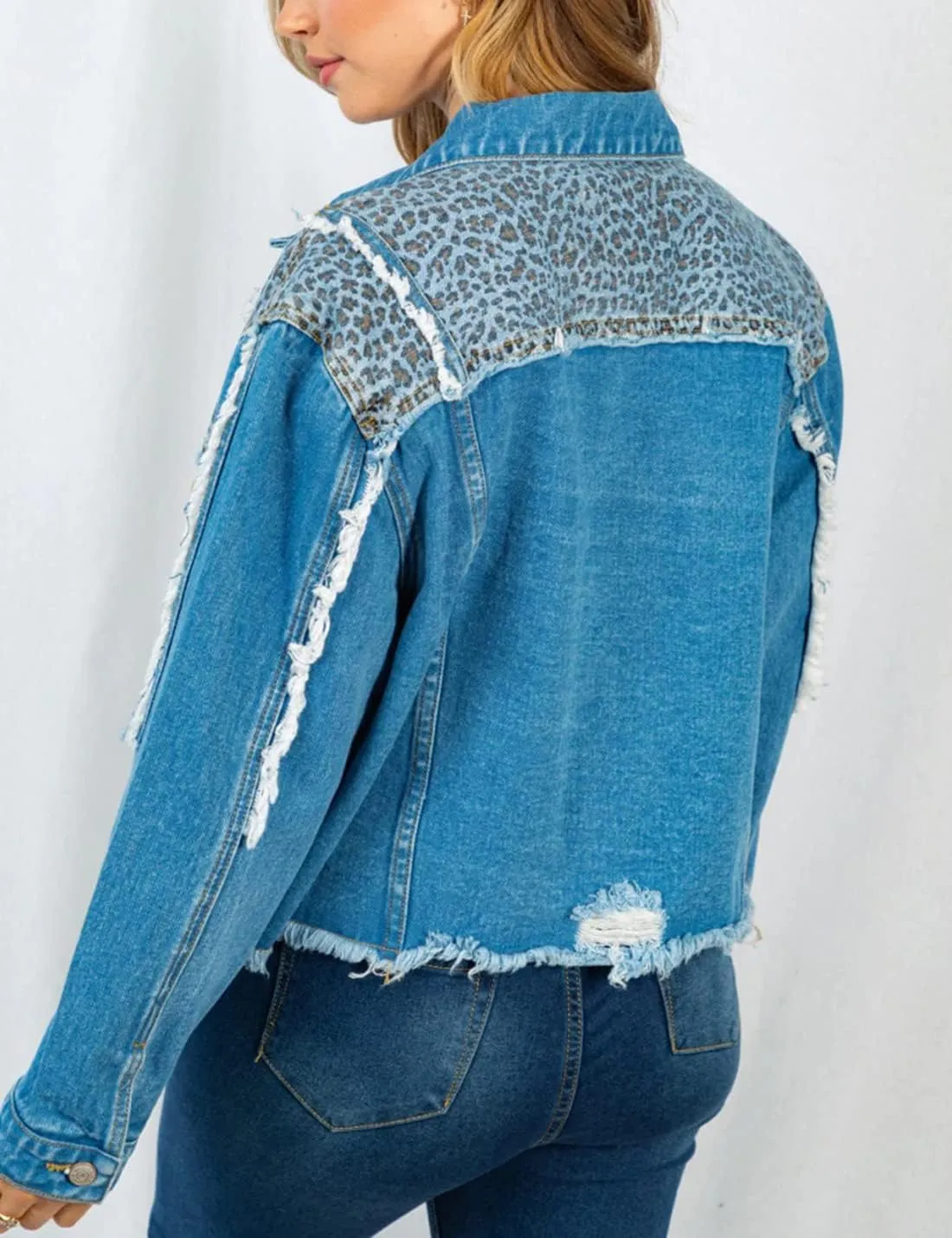 happlan Women's Leopard Frayed Hem Ripped Distressed Casual Denim Jacket