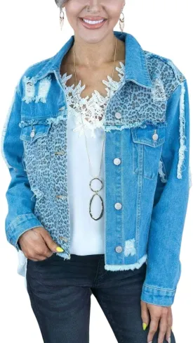 happlan Women's Leopard Frayed Hem Ripped Distressed Casual Denim Jacket