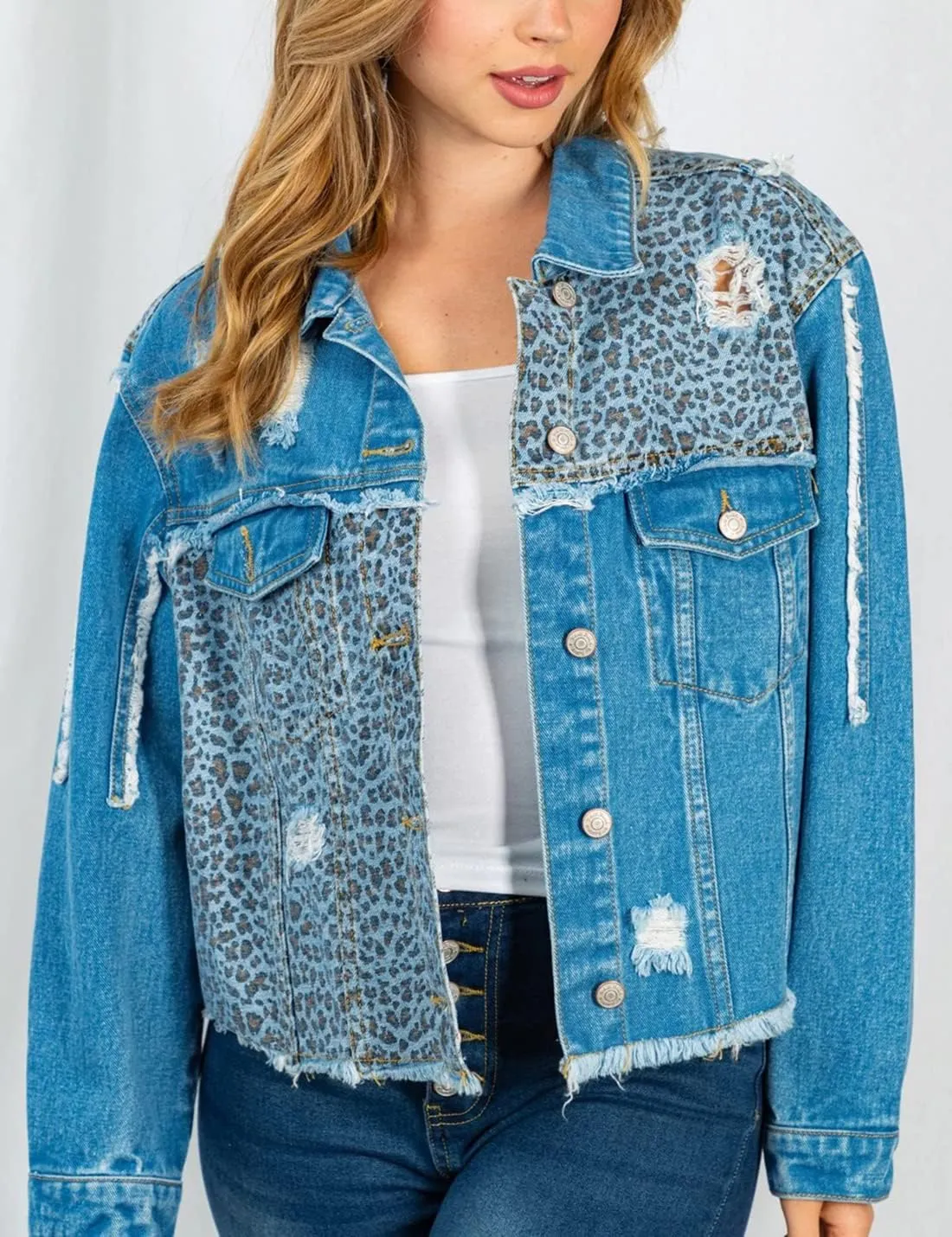 happlan Women's Leopard Frayed Hem Ripped Distressed Casual Denim Jacket