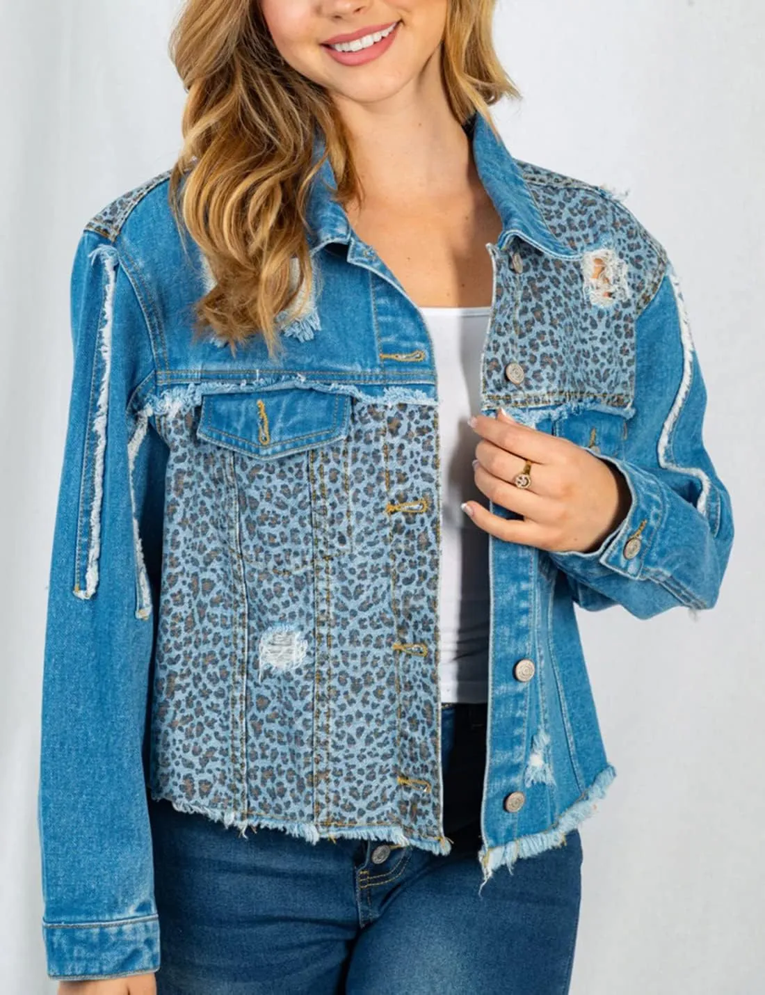 happlan Women's Leopard Frayed Hem Ripped Distressed Casual Denim Jacket