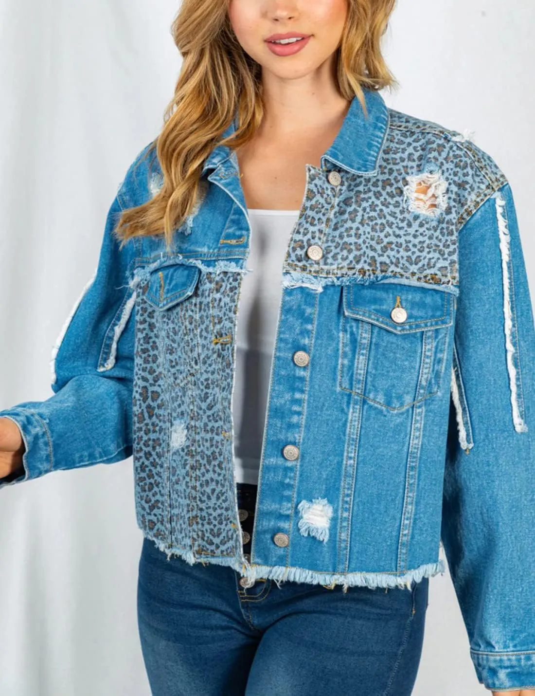happlan Women's Leopard Frayed Hem Ripped Distressed Casual Denim Jacket