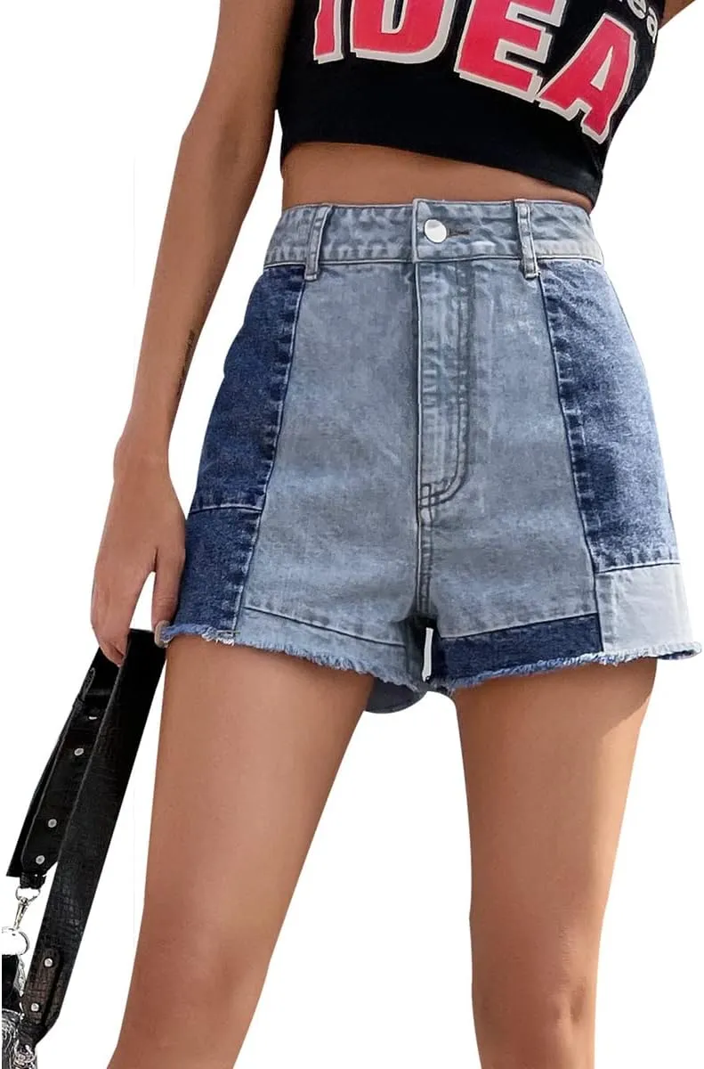 HBER Patchwork Jean Shorts Women Frayed Raw Hem Straight Leg Loose Fit A Line Denim Shorts