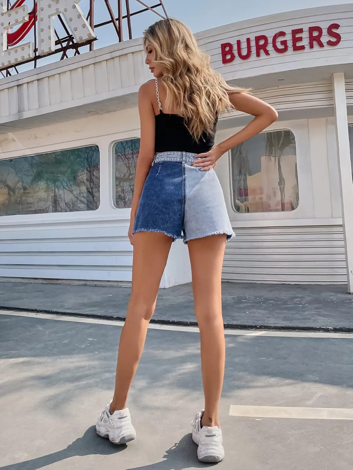 HBER Patchwork Jean Shorts Women Frayed Raw Hem Straight Leg Loose Fit A Line Denim Shorts