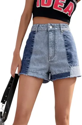 HBER Patchwork Jean Shorts Women Frayed Raw Hem Straight Leg Loose Fit A Line Denim Shorts