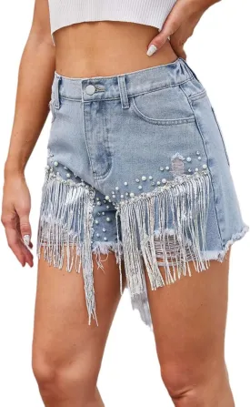 Jean Shorts Womens High Waisted Ripped Rhinestone Pearl Beaded Fringe Comfort Tassel Denim Shorts Raw Hem Frayed