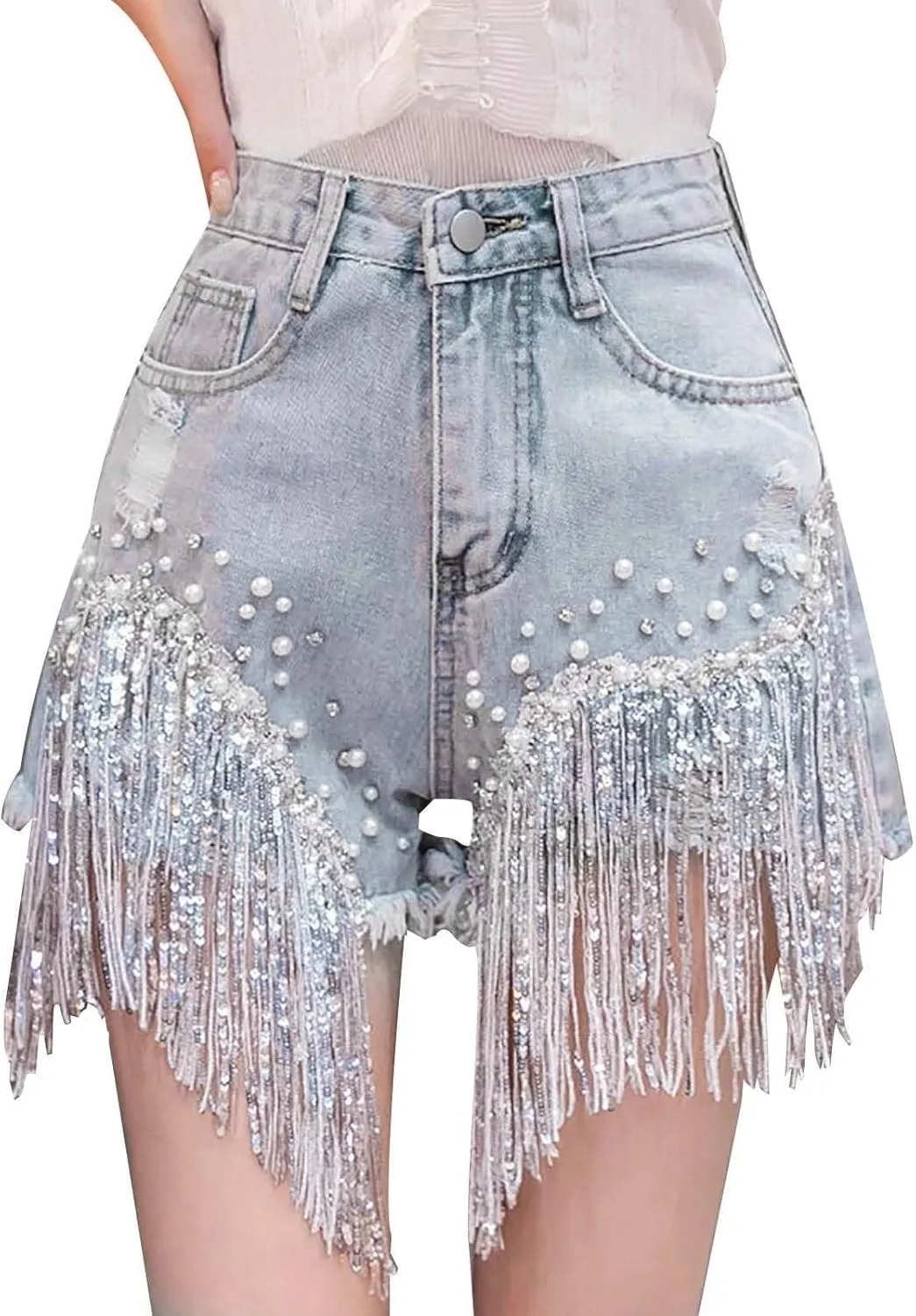 Jean Shorts Womens High Waisted Ripped Rhinestone Pearl Beaded Fringe Comfort Tassel Denim Shorts Raw Hem Frayed