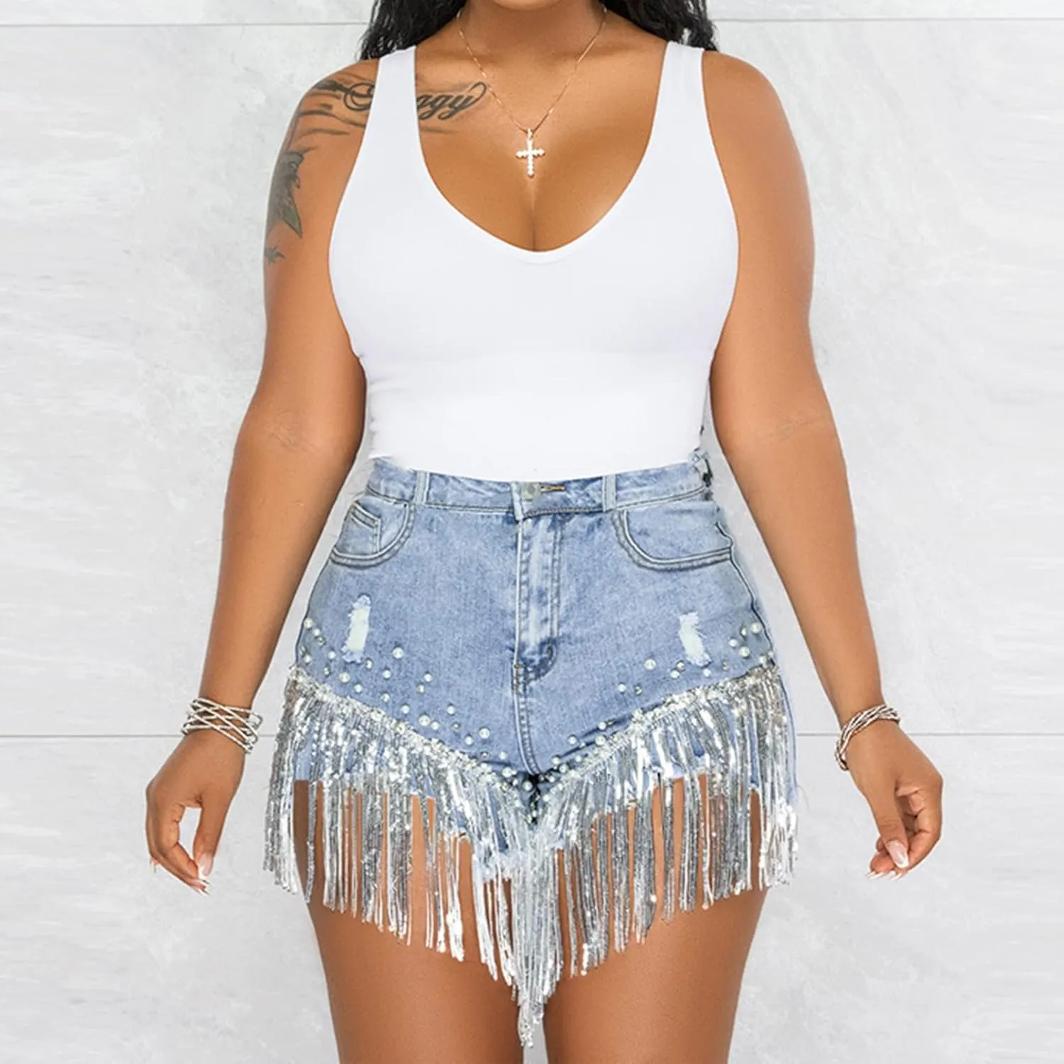 LifeShe Women Denim Short Rhinestone Pearl Beaded Fringe Tassel Jean Shorts