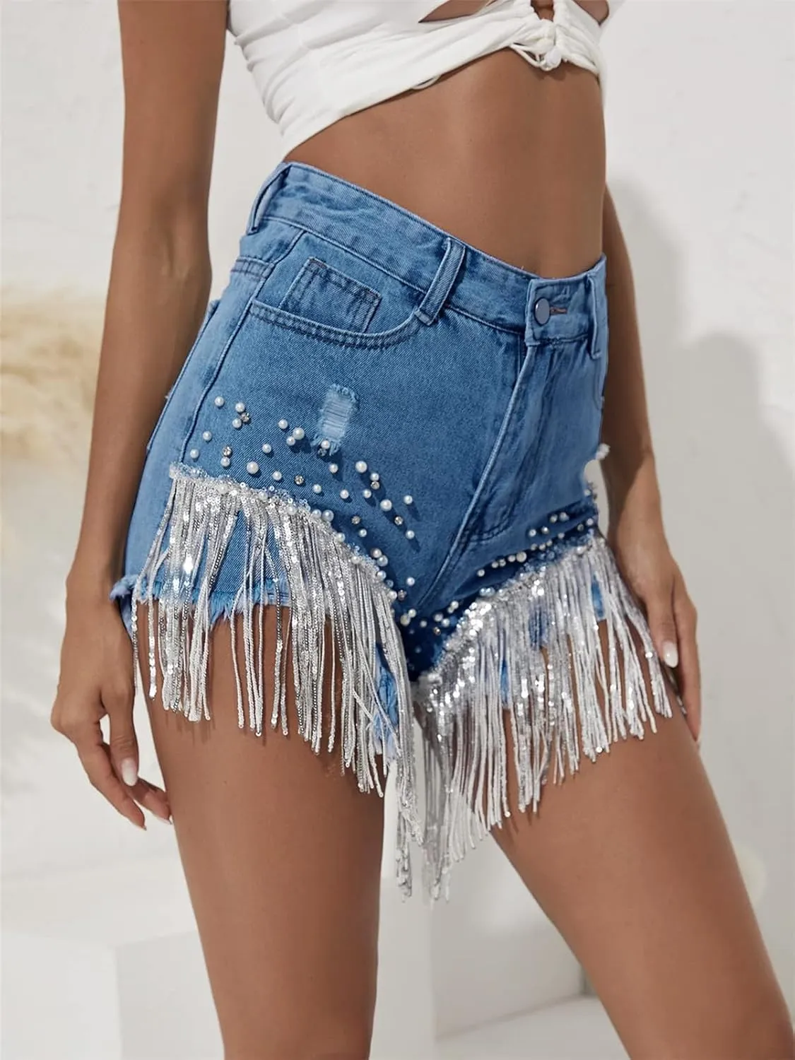 LifeShe Women Denim Short Rhinestone Pearl Beaded Fringe Tassel Jean Shorts