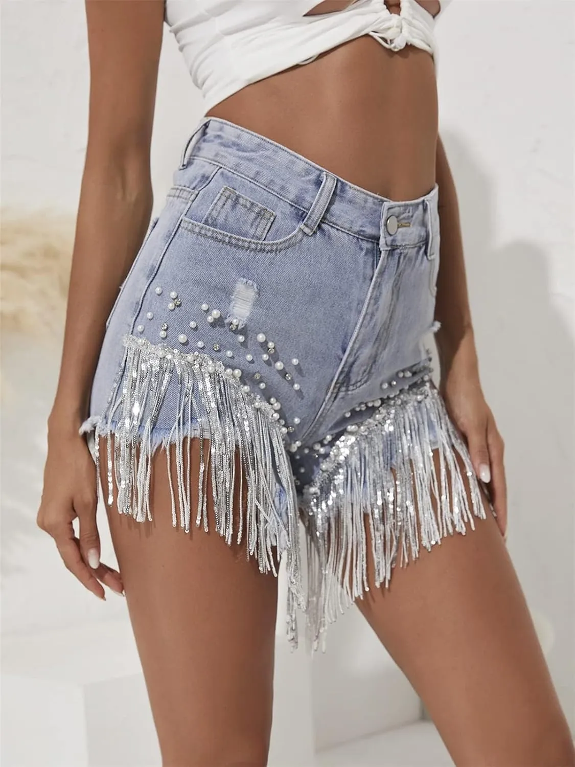 LifeShe Women Denim Short Rhinestone Pearl Beaded Fringe Tassel Jean Shorts